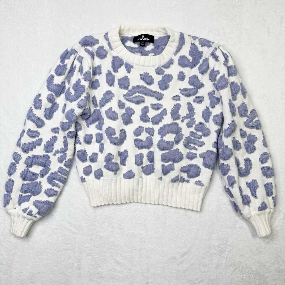 Lulu's Sweater Womens Small White Purple Leopard Long Sleeve Waist Crop Soft